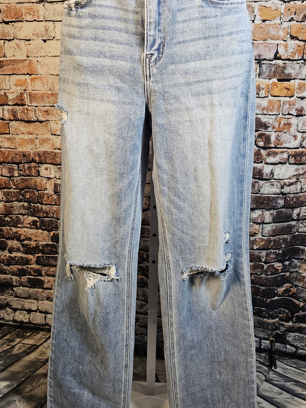 Flying Monkey High Rise Wide Leg Distressed Jeans Sz 27 Raw Hem Light Wash Denim